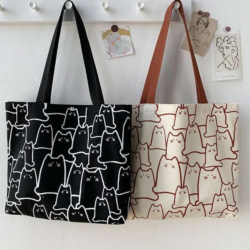Cute Cat Tote Bag for Women | Japanese Style Canvas Shopper | Black & White - Hamxi