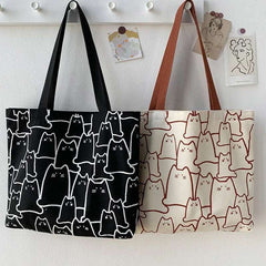 Cute Cat Tote Bag for Women | Japanese Style Canvas Shopper | Black & White - Hamxi