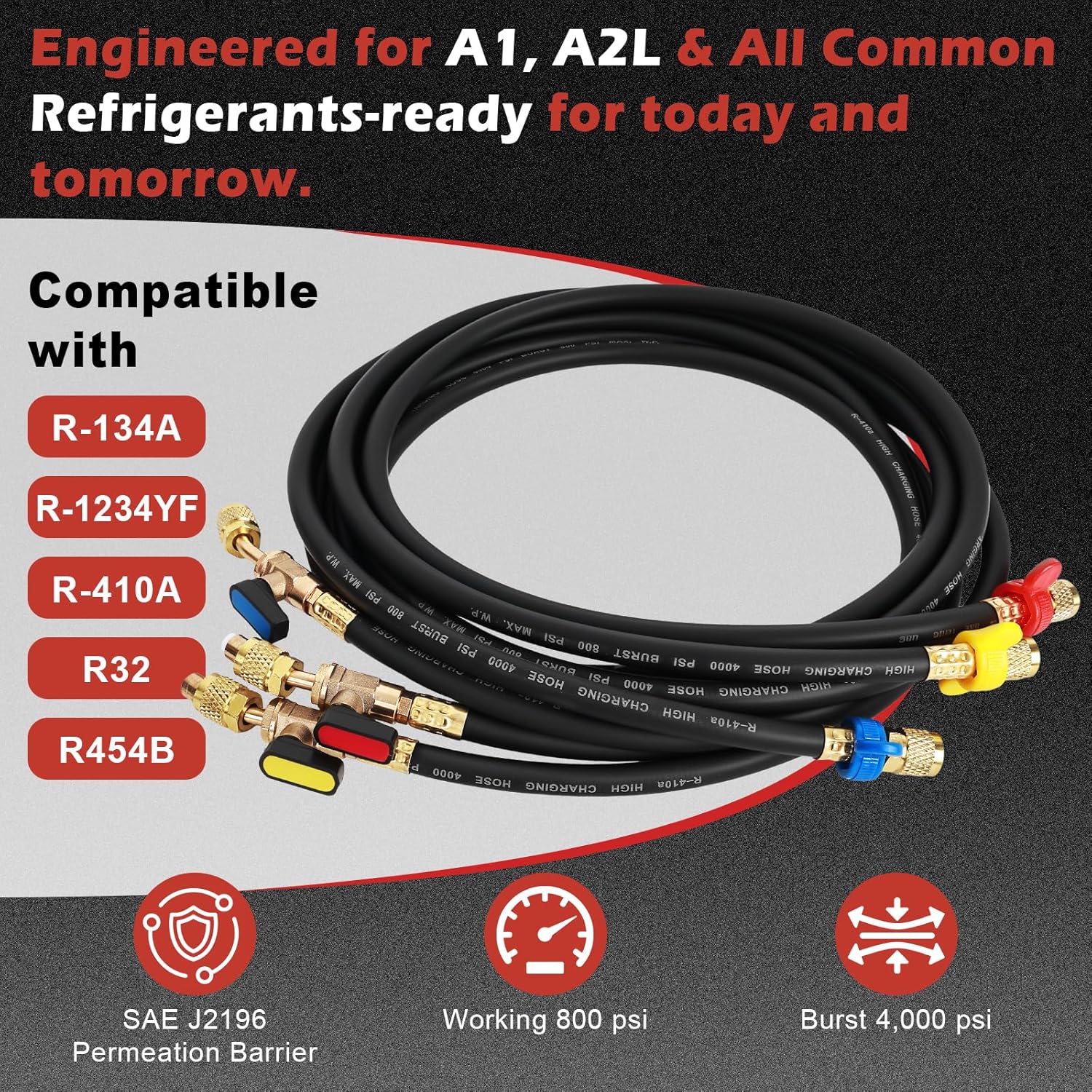 Apexlife 1/4" A2L Ball Valve Refrigerant Hose Set | 6FT | HVAC Hoses | 3-Pcs - Hamxi