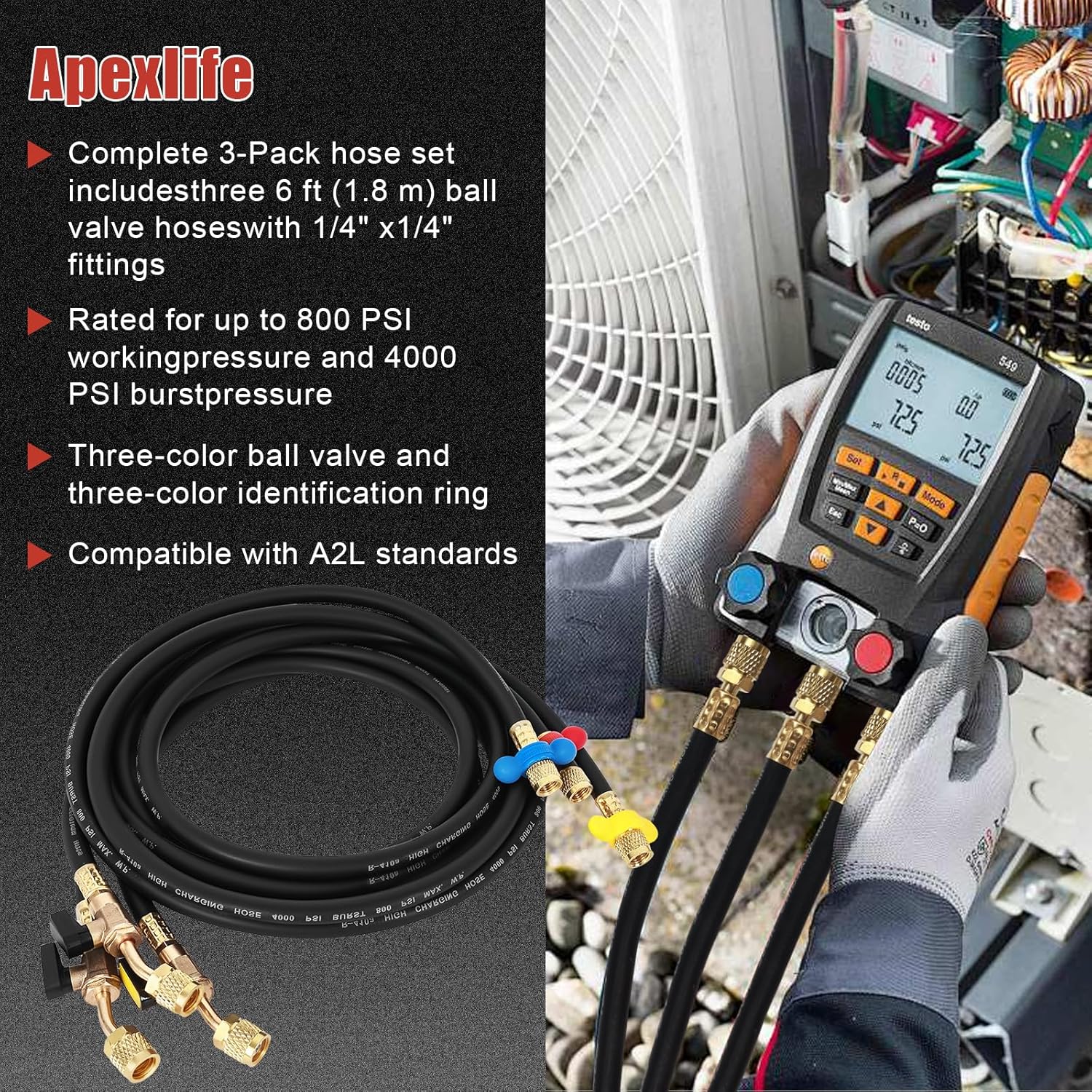 Apexlife 1/4" A2L Ball Valve Refrigerant Hose Set | 6FT | HVAC Hoses | 3-Pcs - Hamxi
