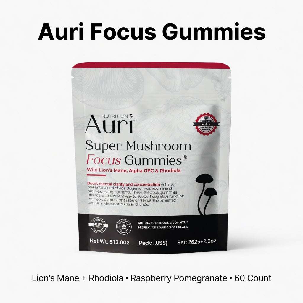 Auri Super Mushroom Focus Gummies Raspberry Pomegranate 60 Count - Hamxi