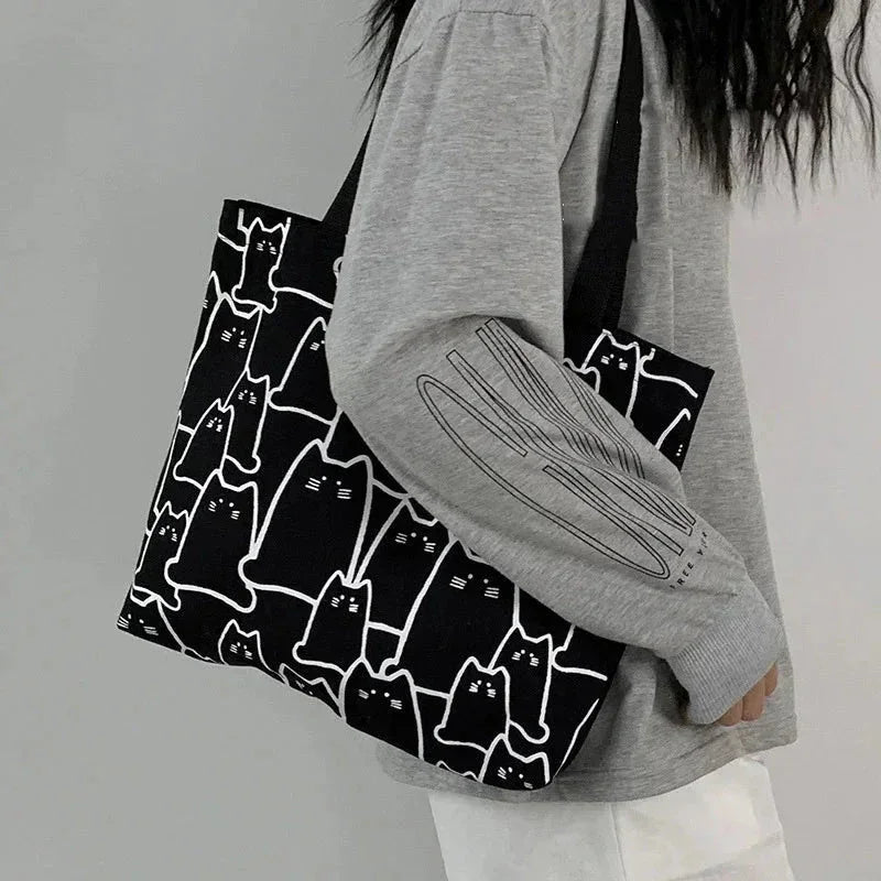 Cute Cat Tote Bag for Women | Japanese Style Canvas Shopper | Black & White - Hamxi