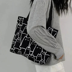 Cute Cat Tote Bag for Women | Japanese Style Canvas Shopper | Black & White - Hamxi