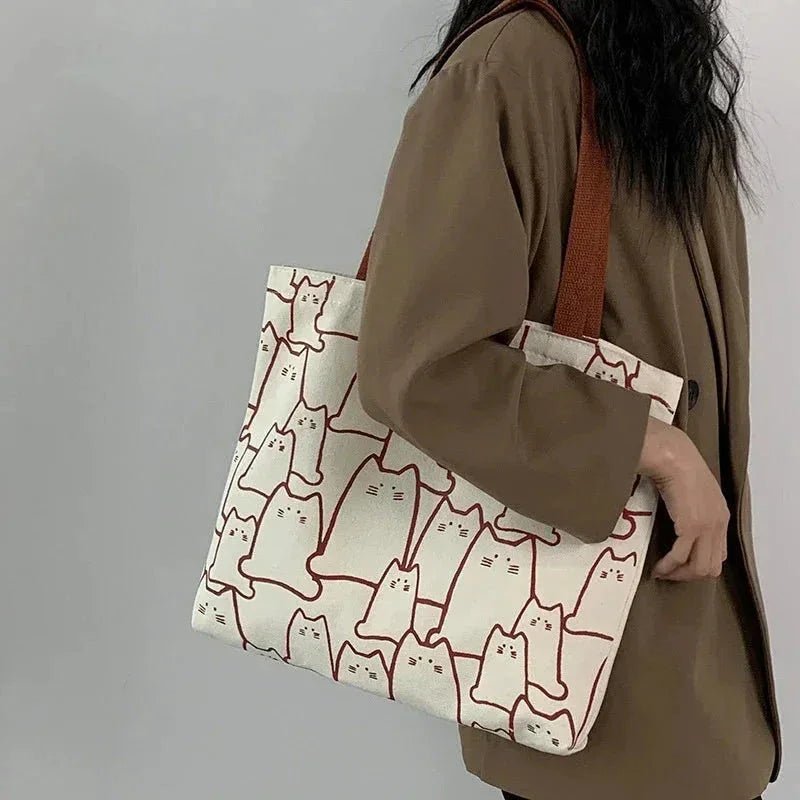 Cute Cat Tote Bag for Women | Japanese Style Canvas Shopper | Black & White - Hamxi