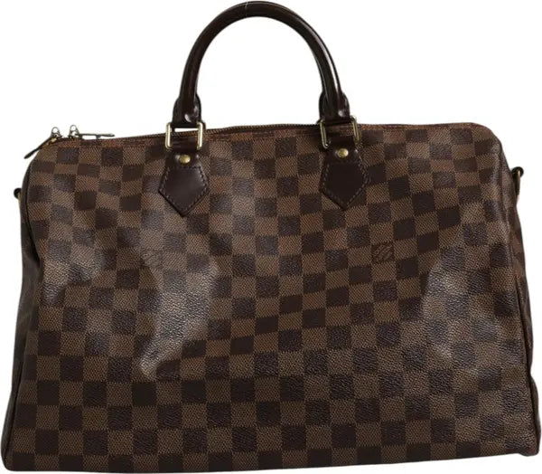 Brown checkered handbag with visible brand logo on a white background