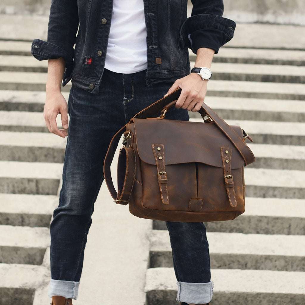 Men's 15" Genuine Leather Messenger Bag - Hamxi