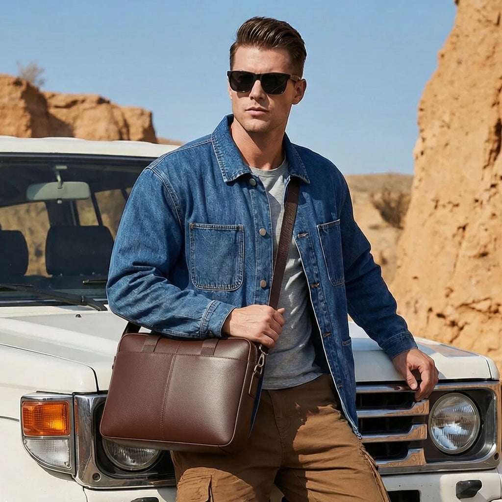 Men's Genuine Leather Briefcase 15.6" Laptop Bag - Hamxi