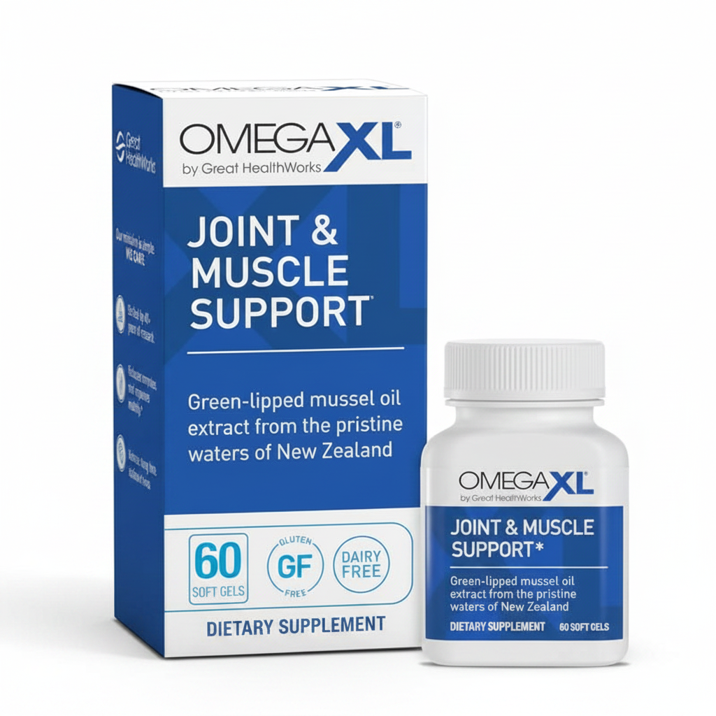 OmegaXL Joint & Muscle Support 60 Soft Gels Box and Bottle