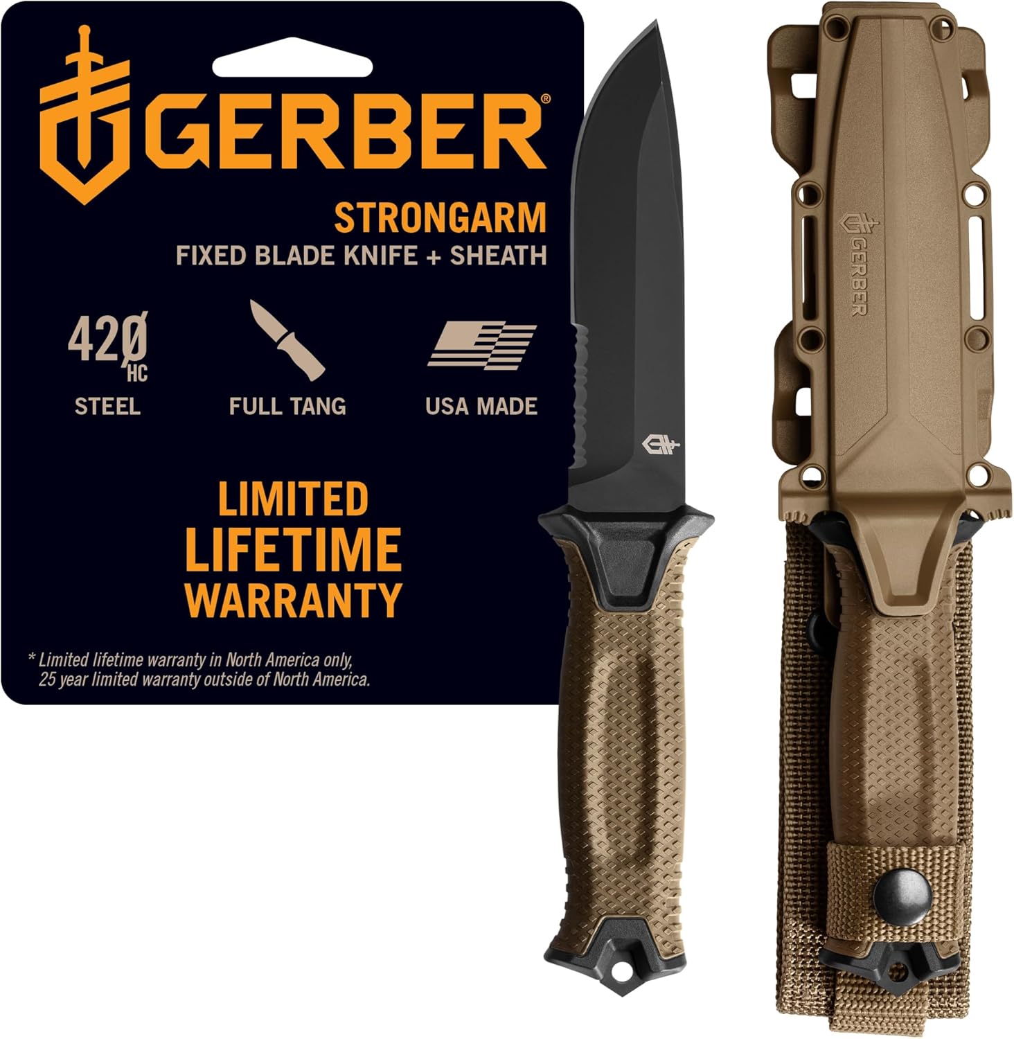 Gerber StrongArm Fixed Blade Knife | Coyote Brown | Serrated Edge | USA Made