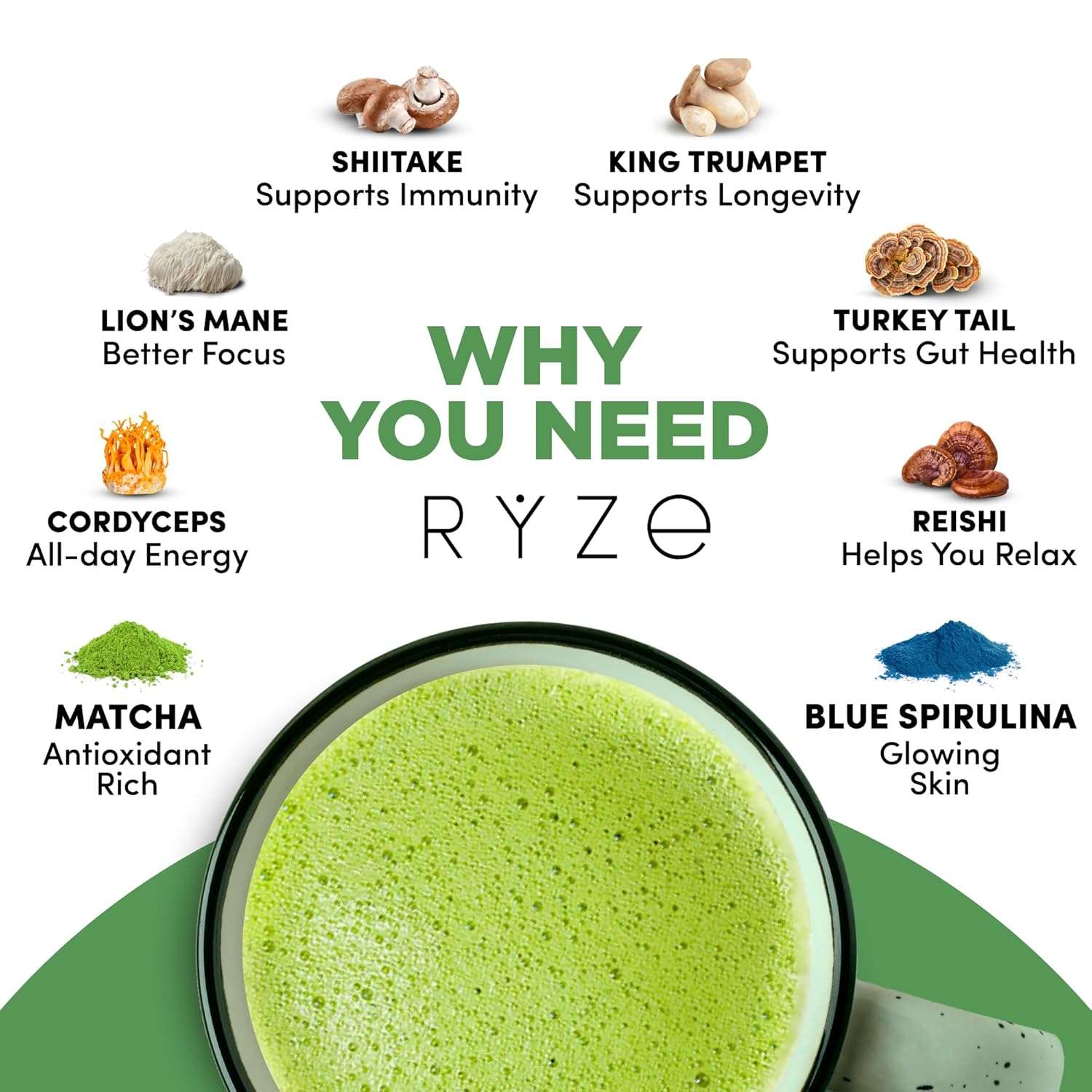 RYZE SUPERFOODS Mushroom Matcha | 30 Servings - Hamxi