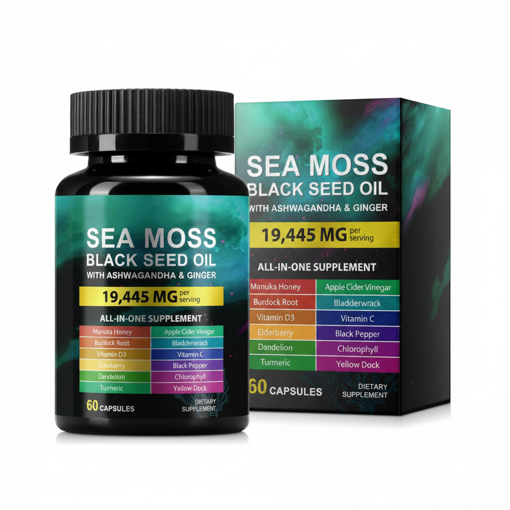 Sea Moss Black Seed Oil 60 Capsules Bottle and Box