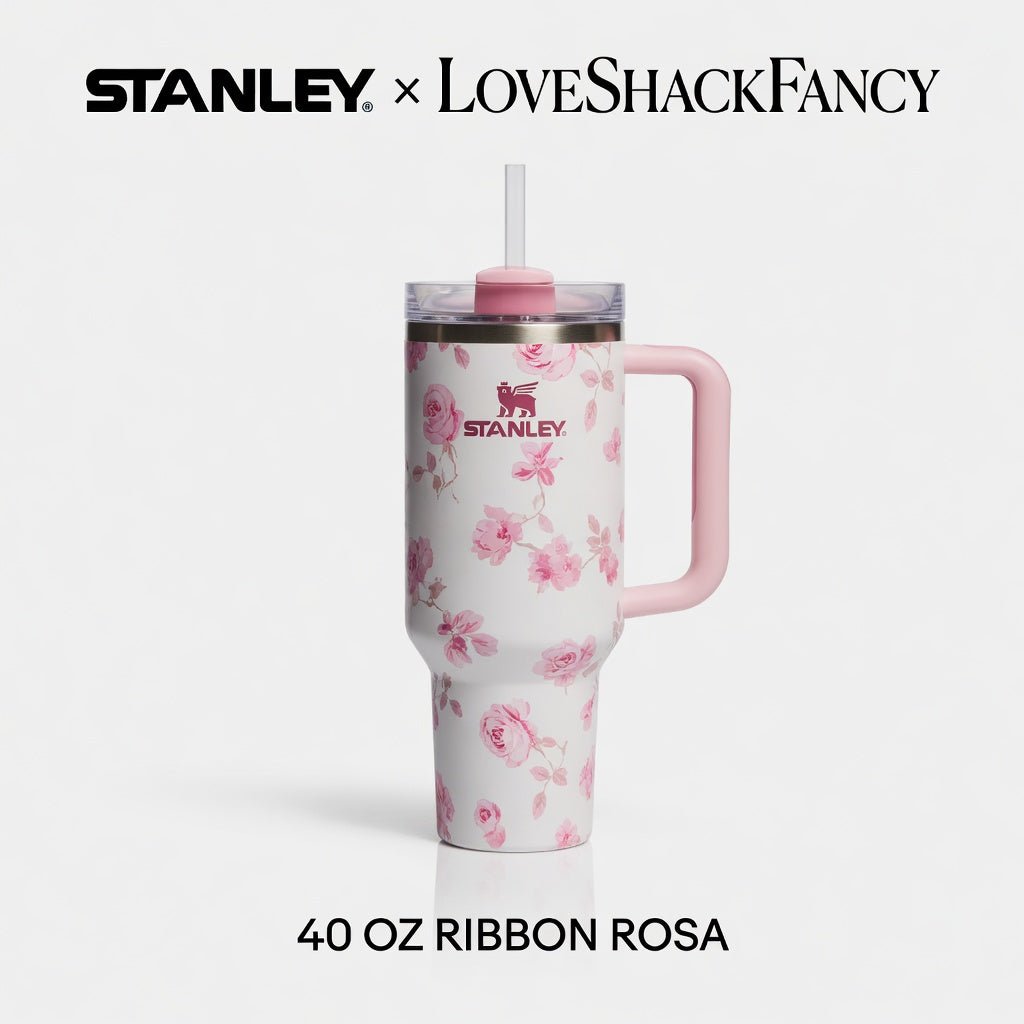 Stanley x LoveShackFancy 40oz Ribbon Rosa FlowState H2.0 Tumbler | White & Pink | Limited Edition - Hamxi