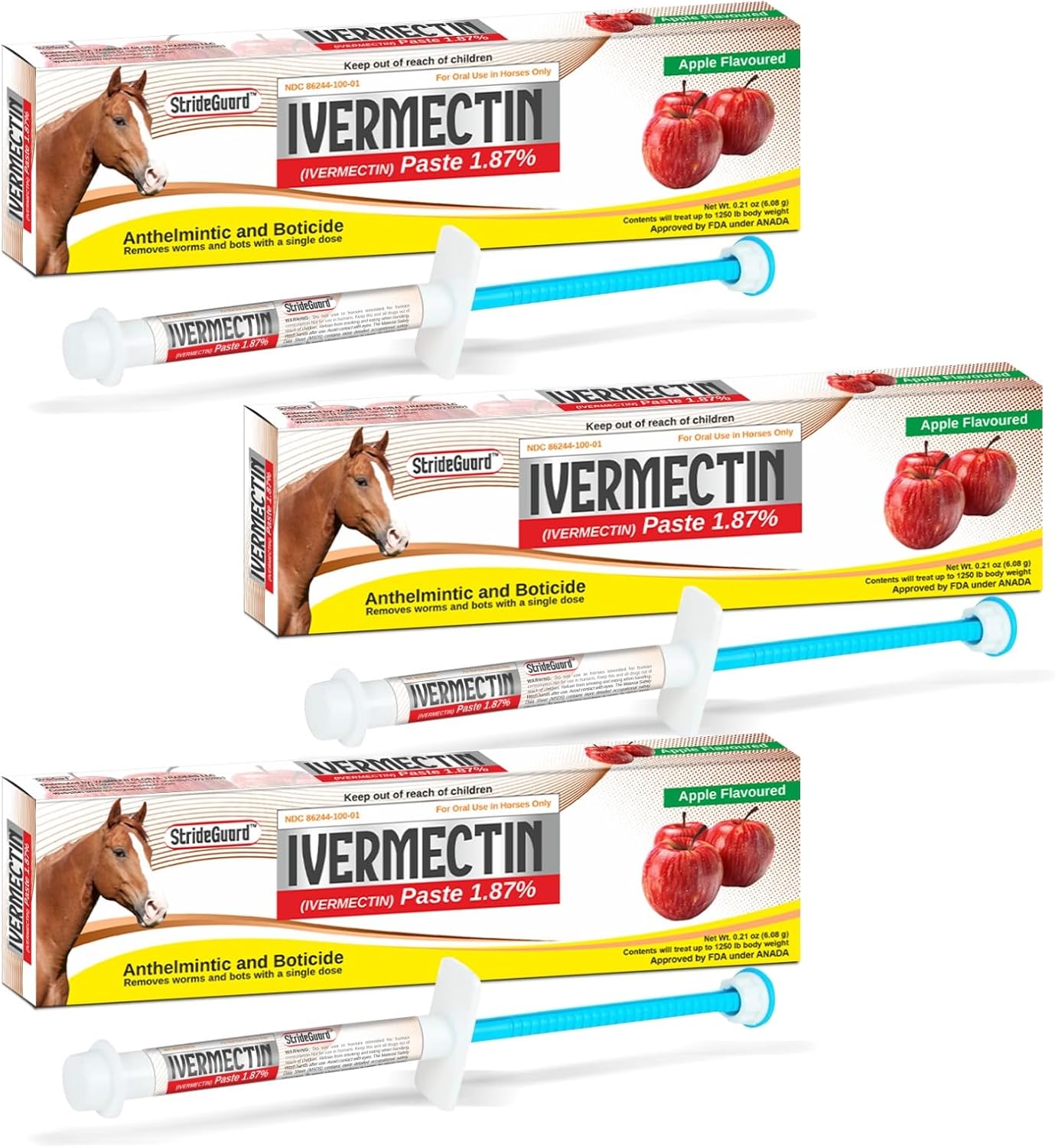 StrideGuard Ivermectin Paste 1.87% for Horses | 3-Pack | Apple Flavored - Hamxi